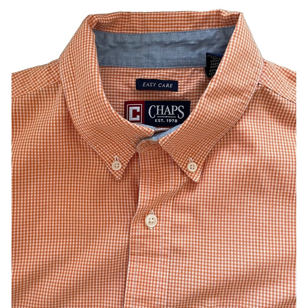 Chaps Easy Care Men's M Orange Gingham Button Down Camp Shirt Short Sleeve Golf